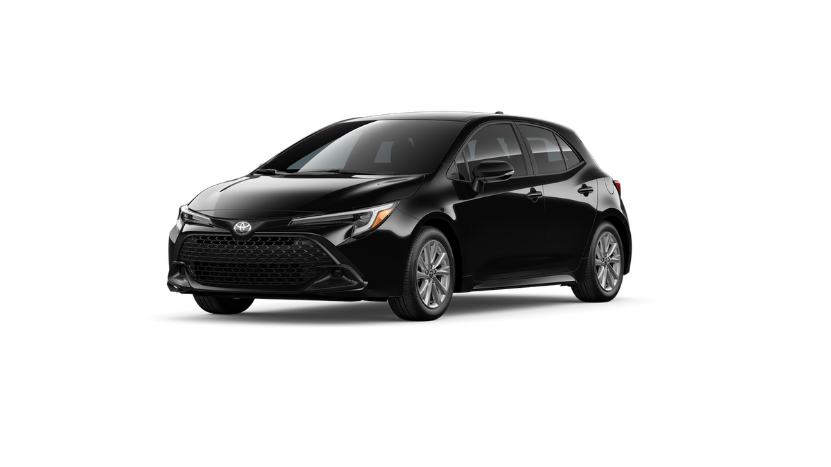 2026 Toyota Corolla Hatchback SE in Midnight Black Metallic — front three-quarter view